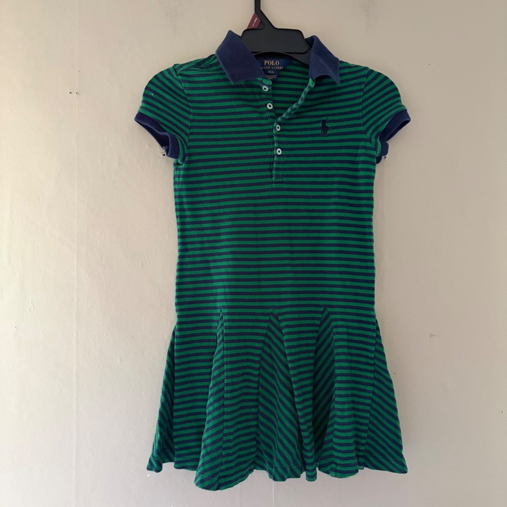 Polo Ralph Lauren Girls Striped Pleated Dress Size S (7) Green Collared Preppy